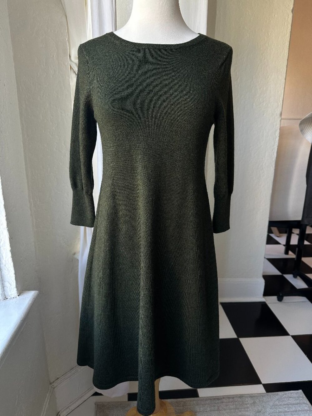 Lands’ End Women’s XS Merino Wool Blend Olive Green A-Line Sweater Dress